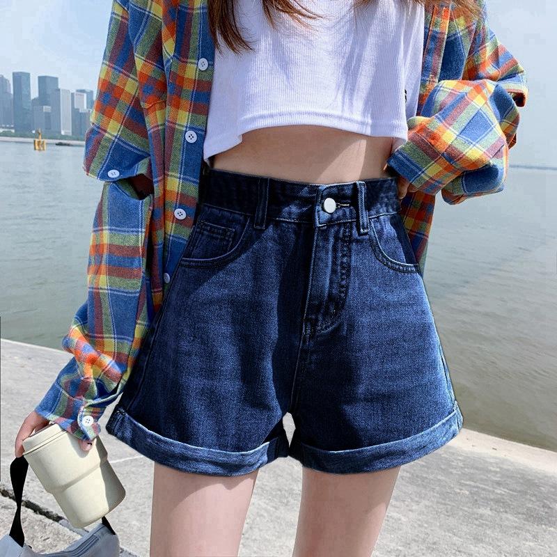 

Pants Classic and Minimalist Fashion Versatile High-waisted Female Summer A-line Wide-leg Pants Rolled Denim Shorts Individuality and Trendiness 2XL темно-синього кольору