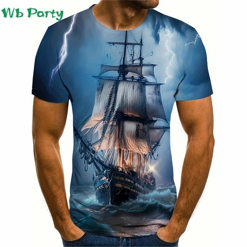 Pattern Print Mens Clothing T Shirt for Men Short Sleeve Tee Gym Clothing Men Male T-shirt Pirate Ship Print Clothes