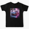 Retro Futuristic Street Racing Black Sports Car with Neon Lights and Night City of the Future Kids T-Shirt