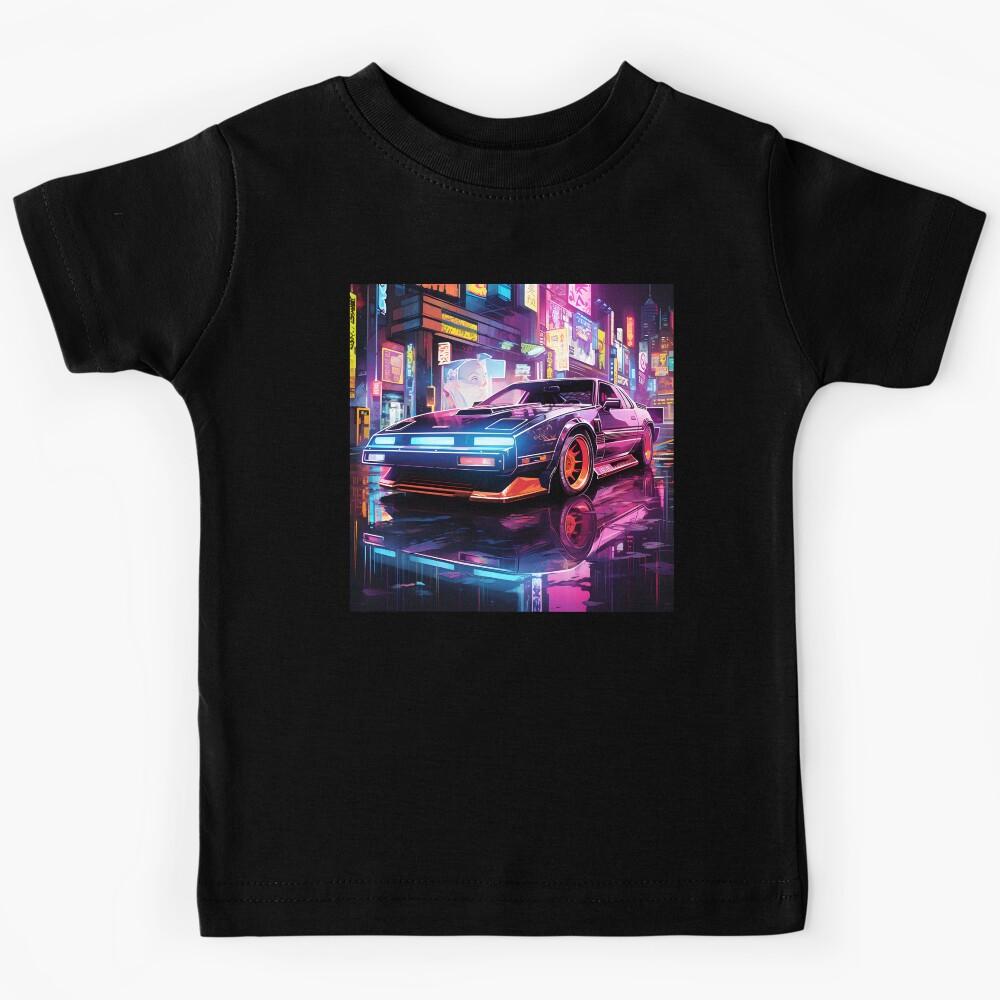 Retro Futuristic Street Racing Black Sports Car with Neon Lights and Night City of the Future Kids T-Shirt 120