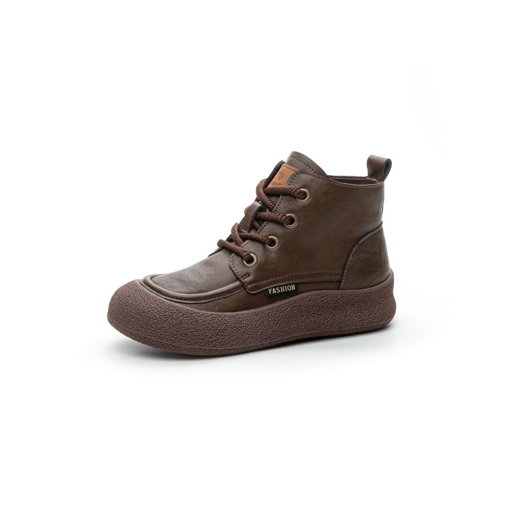 Fashion retro literary soft leather thick-soled Martin boots soft-soled side zipper lace-up small cotton boots
