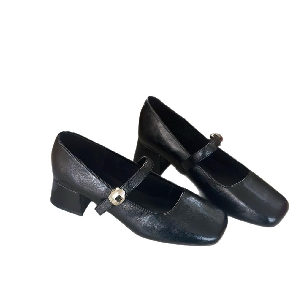 Thick Heel, Medium Heel, Light Mouth, One Word with Single Shoes for Women's 2025 New Autumn Retro Mary Jane, Super Fire Square Head Small Leather S