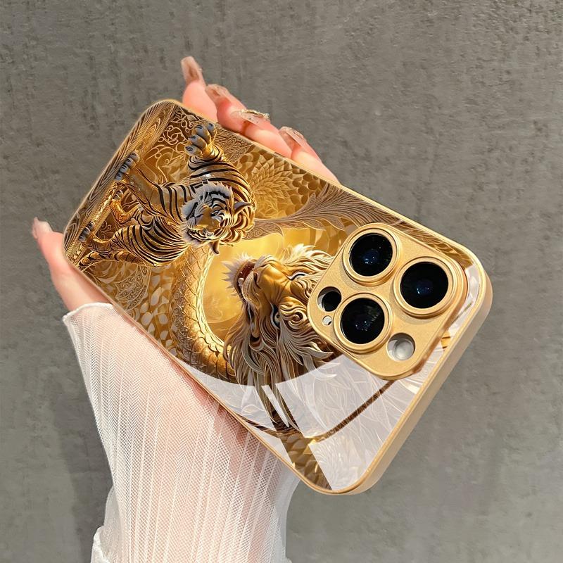 Cool Golden Dragon Tiger Pattern Metallic Paint Glass Phone Case For iPhone 17 16 15 14 13 12 11 Pro Max 14 Plus 17Air 16E Cover