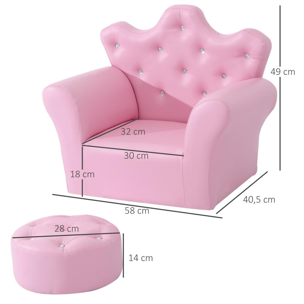 Dětská souprava pohovky Křeslo Židle Sedátko s volným podnožkou PU kůže pro dívky 58D x 40,5Š x 49V cm Růžová