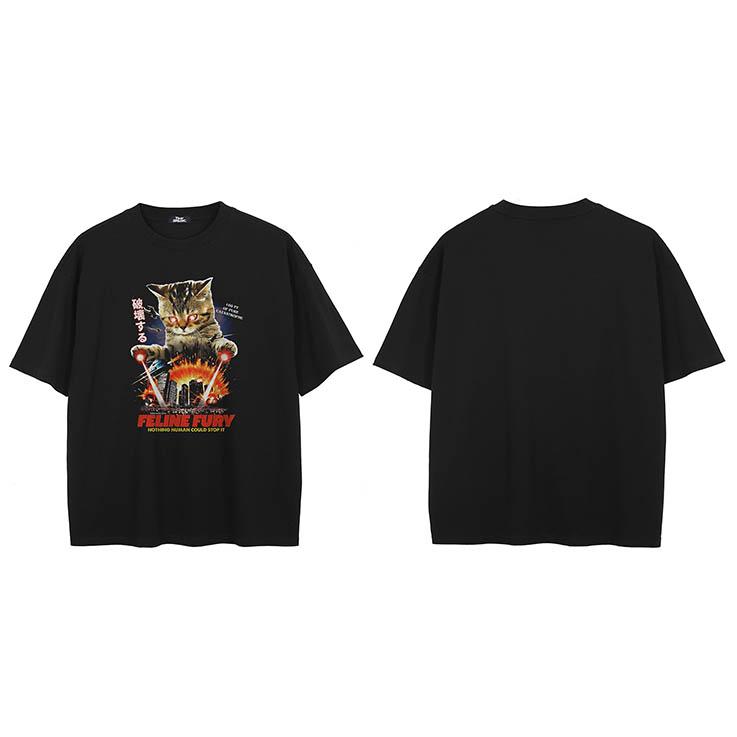 Hip Hop Faded Black TShirt Streetwear Funny Cat Monster Attack Graphic T Shirt Printed Men Tshirt Cotton Tops Tee Japanese