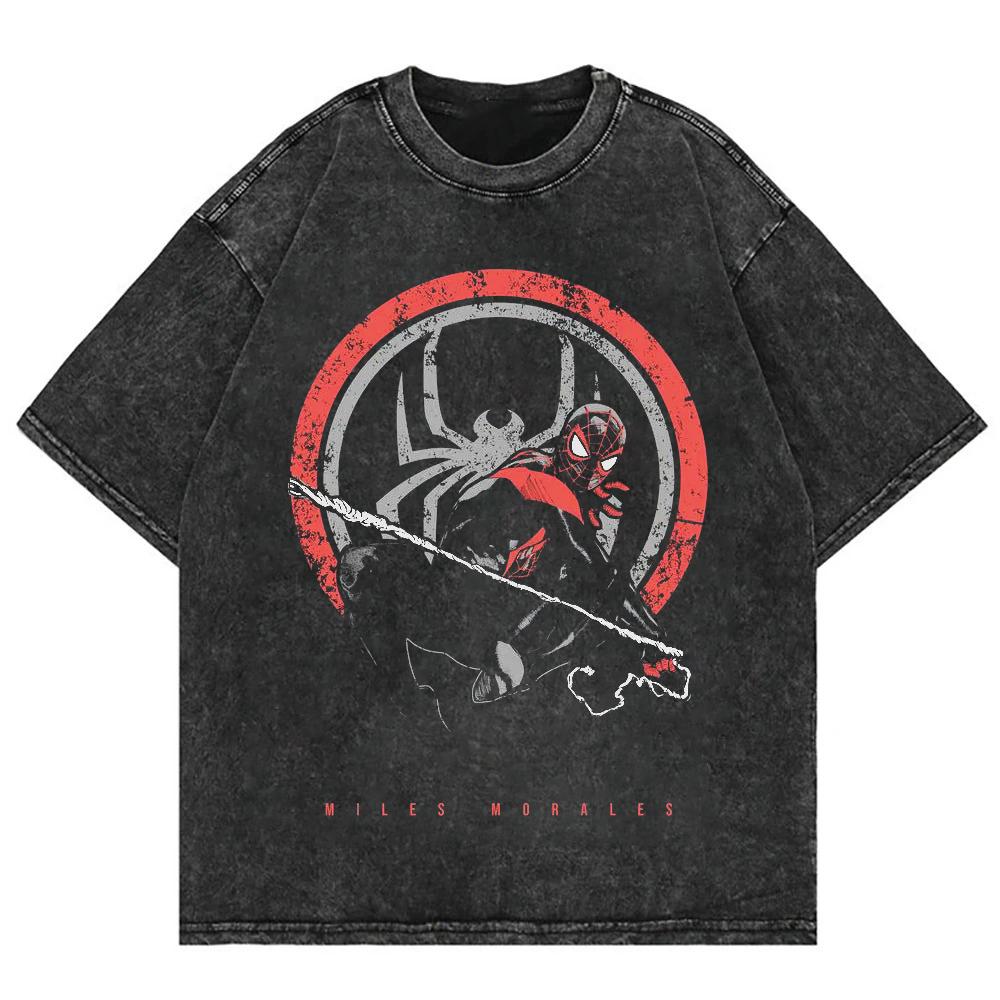 Miles Morales Washed T Shirt Men Vintage Spider Emblem Graphic Tee Oversized Cotton Retro Streetwear Short Sleeve Top M