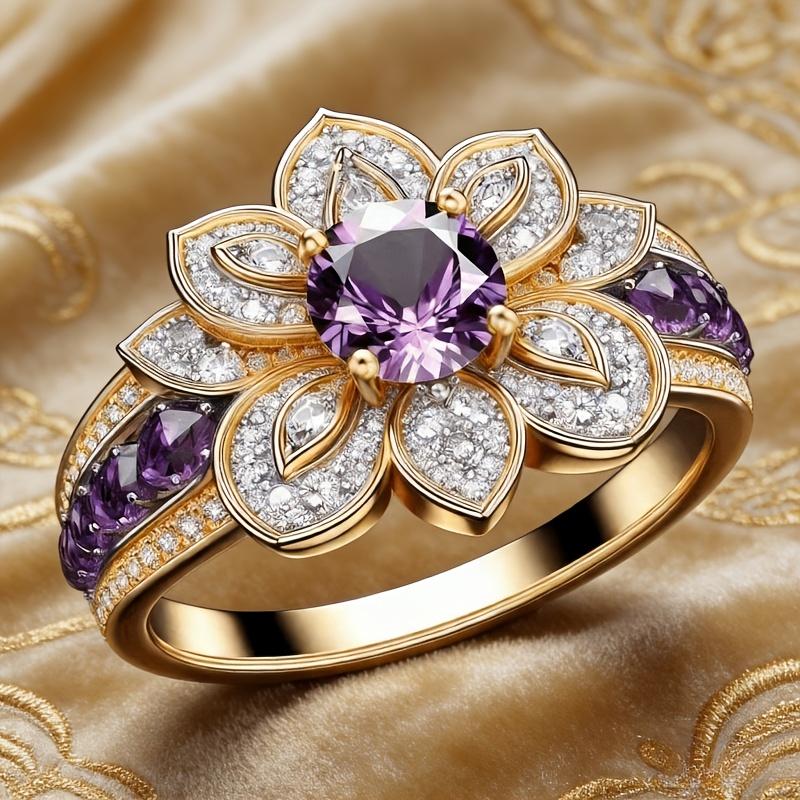 Elegant Luxury Two Tone Purple Flower Ring for Women Paved Sparkling Cubic Zirconia Wedding Party Temperament Sweet Lady Jewelry