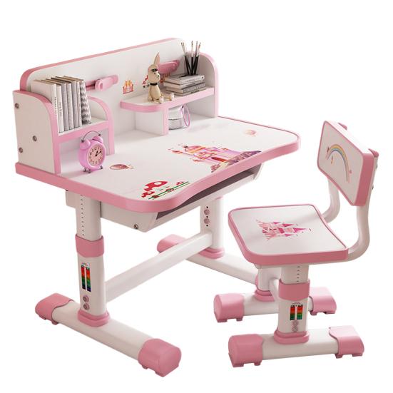 Kids Functional Desk and Chair Set Height Adjustable Children School Study Table Chair Set with Cartoon Pattern Ergonomic Desk Chair (Pink, Blue)