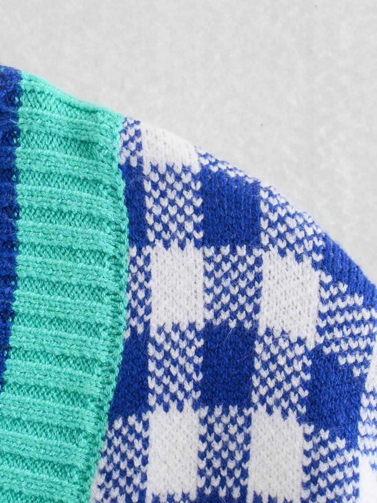 Women's INS Cross-Border Color Block Cardigan Sweater
