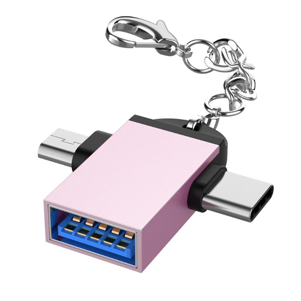 2PCS Aluminium Alloy Shell 2 In 1 OTG Converter USB 3.0 to Micro USB Type C Adapter with Chain for AndroidRose Gold
