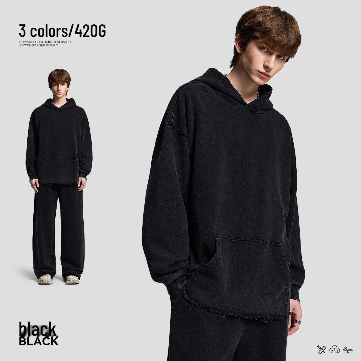 2025 Autumn Vintage Washed 420G Pure Cotton Heavyweight Hoodie Pullover for Couples 2XL