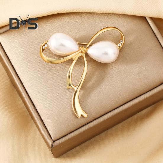 Women Brooch Faux Pearl Hollow Bow Decor Stainless Exquisite Vintage Anti-slip Wear-resistant Coat Collar Hat Scarf Decoration Clothes Pin Garment