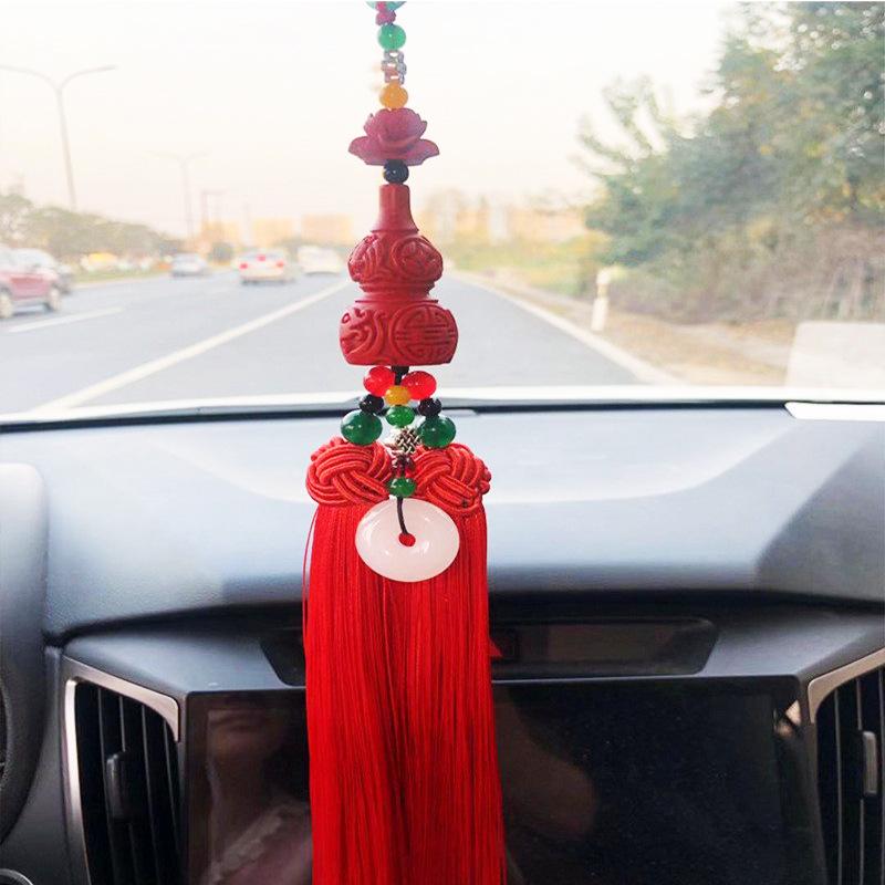 Cinnabar Rearview Mirror Pendant: Double-Sided Chinese Knot Gourd for Safe Entry and Exit.