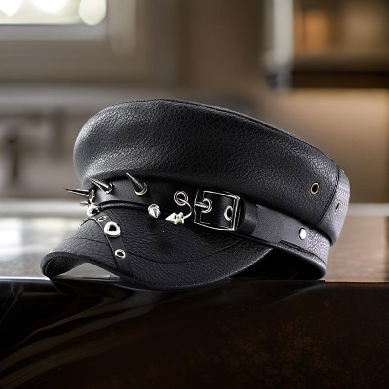 Gotische Dunkle Baskenmütze Schiebermütze Malerhut Baskenmütze Bäckerjungenmütze zum Straßenbummel PU Flache Mütze Foto Requisiten