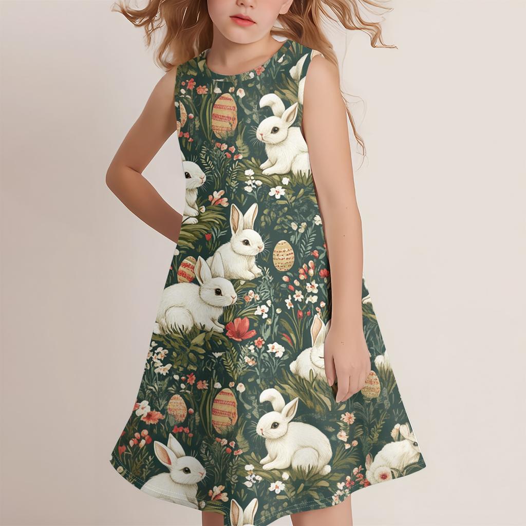 Dívčí módní ležérní šaty bez rukávů s kulatým výstřihem a velikonočním potiskem