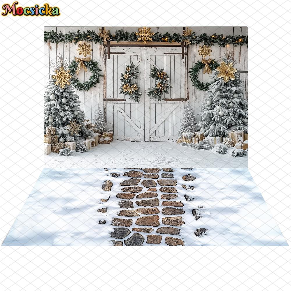 Mocsicka Christmas Photography Background Winter Snow Xmas Tree White Door Decoration Happy New Year Party Photo Backdrop Banner