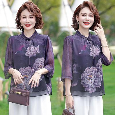 Elegant Chinese-Style Summer Outfit: Two-Piece T-Shirt Set for Middle-Aged and Elderly Women