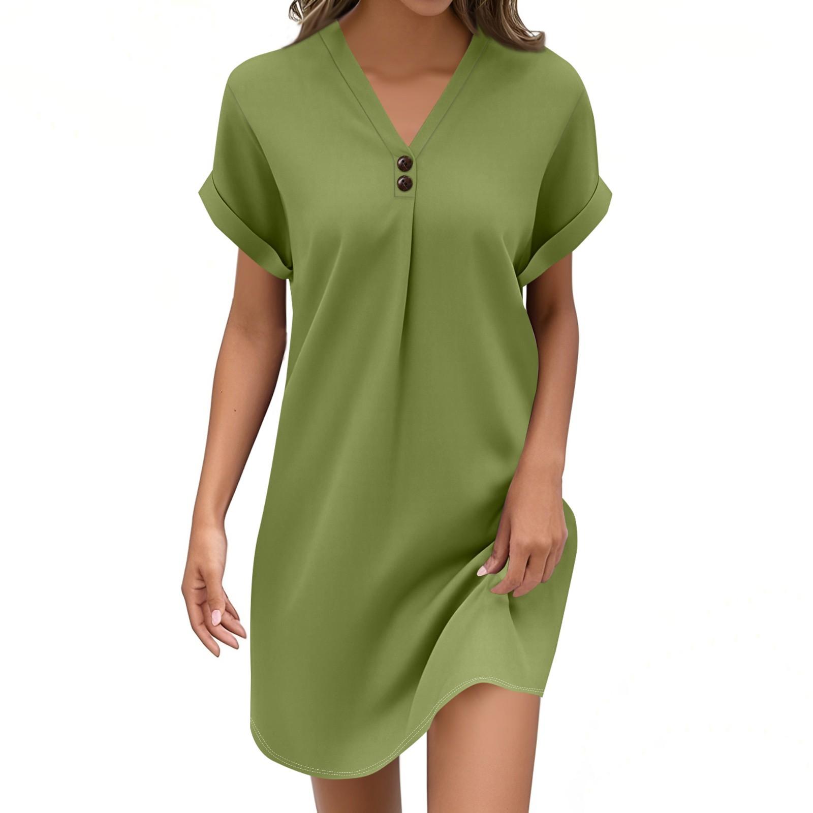 

Women s Fashion V-neck Solid Color Pullover Casual Button Dress M зелений