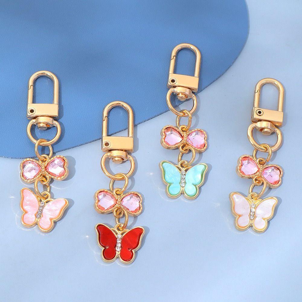7PCS Ornaments Rhinestone Butterfly Keychain Pendant Key Ring Sweet Crystal Bow Key Chain  Bag Decor