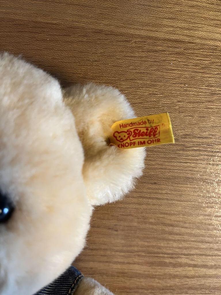 [USED] Steiff denim overalls and a stuffed Steiff teddy bear, Louis Bear.
