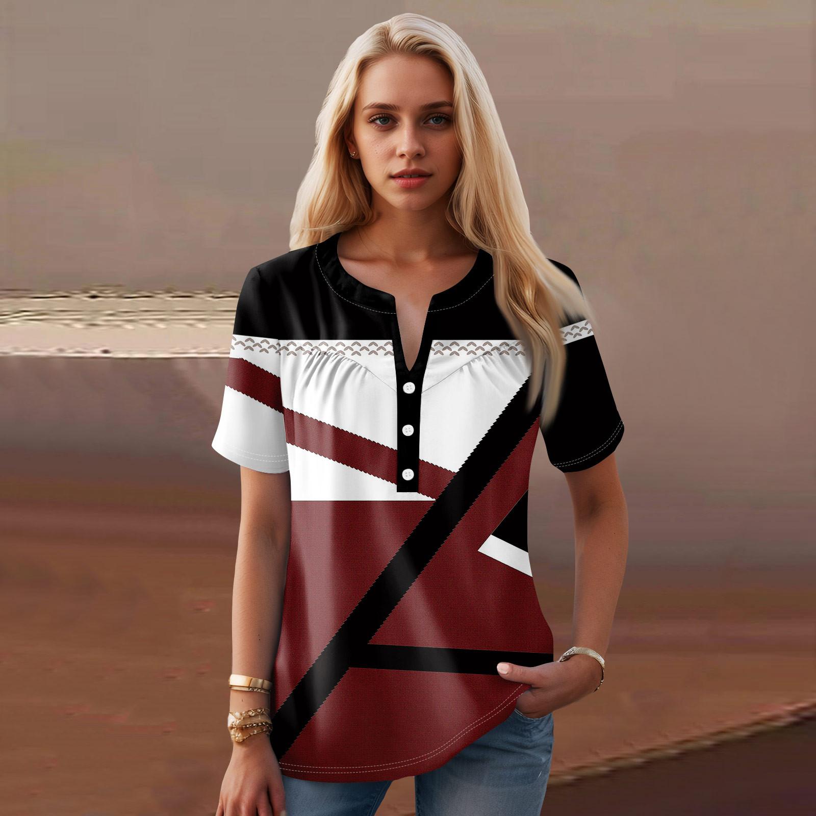 

Женская повседневная футболка с v-образным вырезом и коротким рукавом с цветочным принтом и декоративными пуговицами, топ XL винный