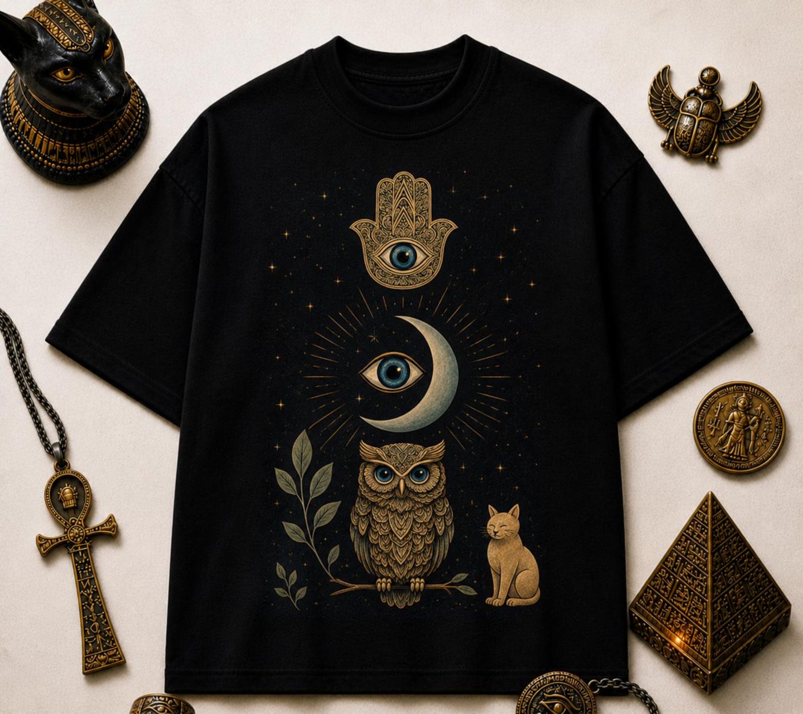 Hamsa Hand Celestial Eye Owl T-Shirt – Mystic Moon Boho Spiritual Tee S