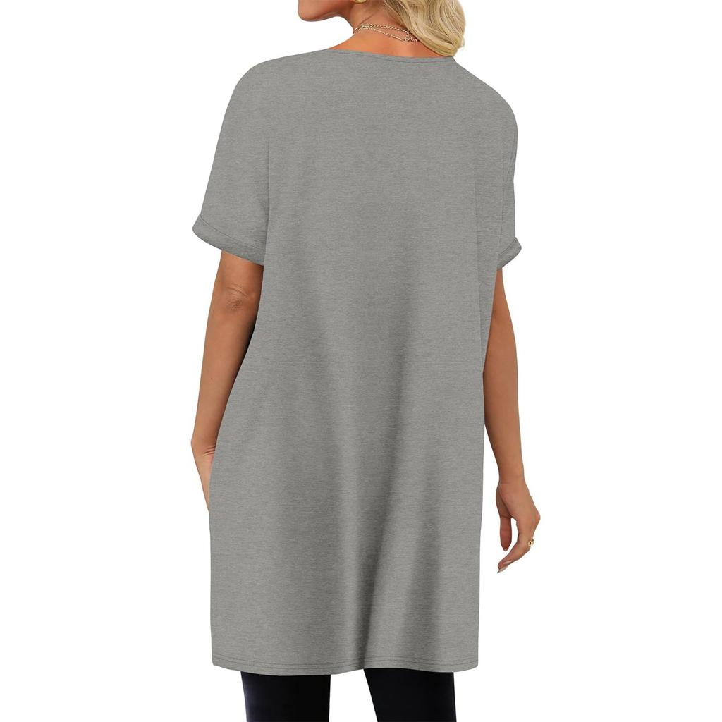 Women's Fashion Casual Short Sleeve Button V-Neck With Pocket Long Top