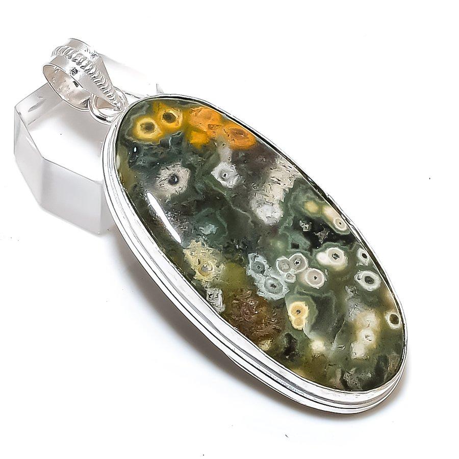 Ocean Jasper Gemstone Handmade 925 Sterling Silver Jewelry Pendant 2.60" M1l07