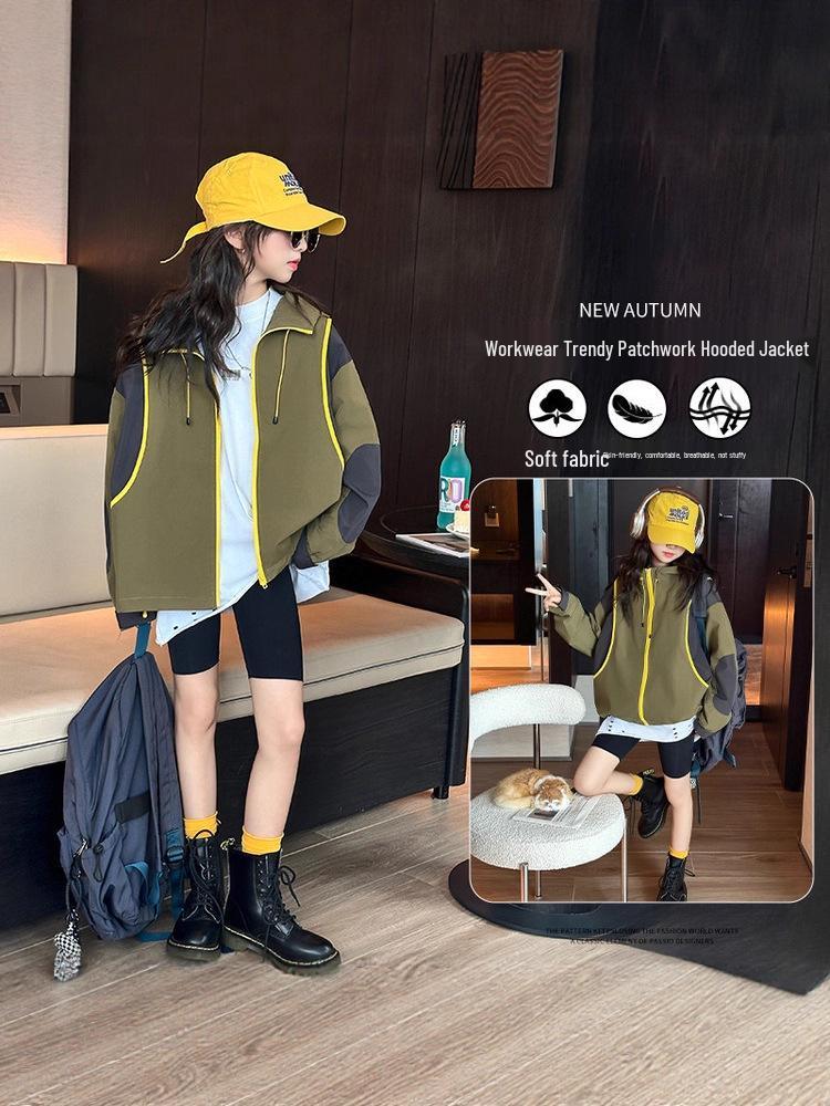 Flickors färgblocksvindjacka - Vår/Höst 2025, Med huva, Vindtät, För mellanstora och stora barn