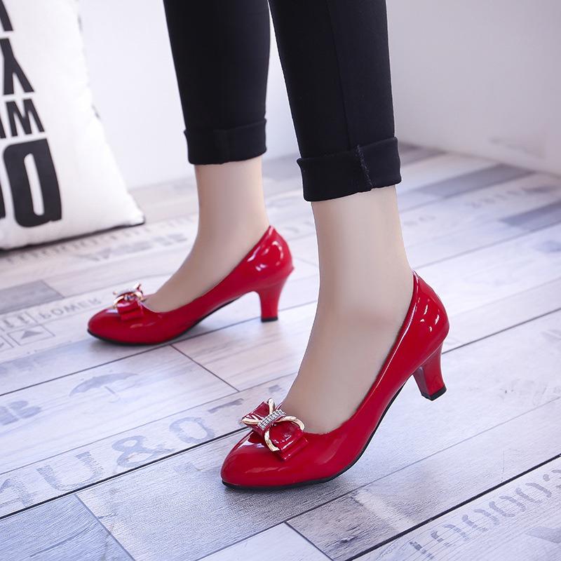 Women Shoes Mid Heels Shallow Butterfly Knot Leather Shoe 2025 Lady Elegant and Stylish Office Career Work Pumps Plus Size 41 42