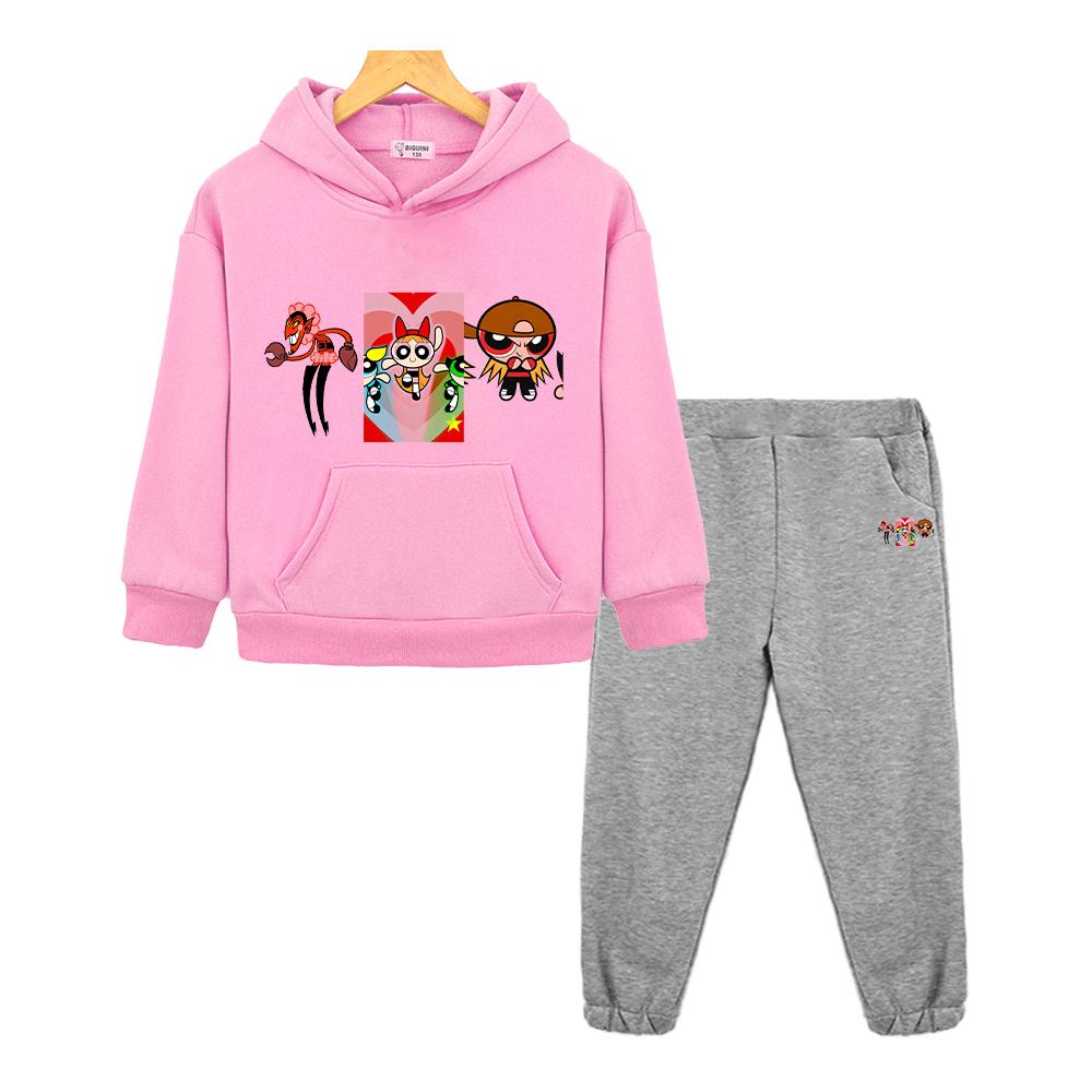children clothes powerpuff girls anime hoodie Fleece sweatshirt 2pcs pullover+pants Sport Hooded Sets girl outfit boy clothing