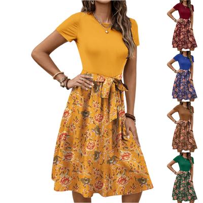 Women's Fashionable Retro Patterned Printing Color Blocked Belt Casual Dress