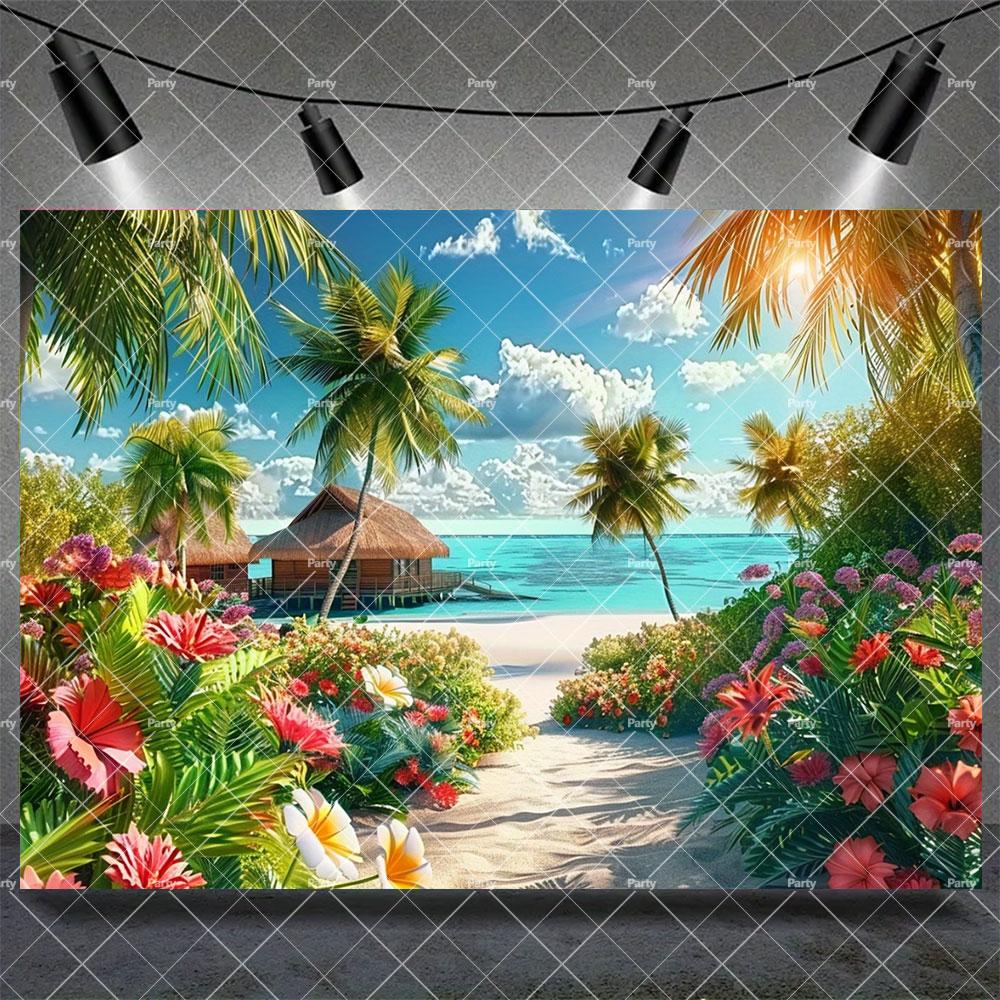 Hawaiian Tropical Summer Beach Background with Flamencos, Flowers, Aloha, Luau, Surfboard, for Parties, Photographic Studio Decoration