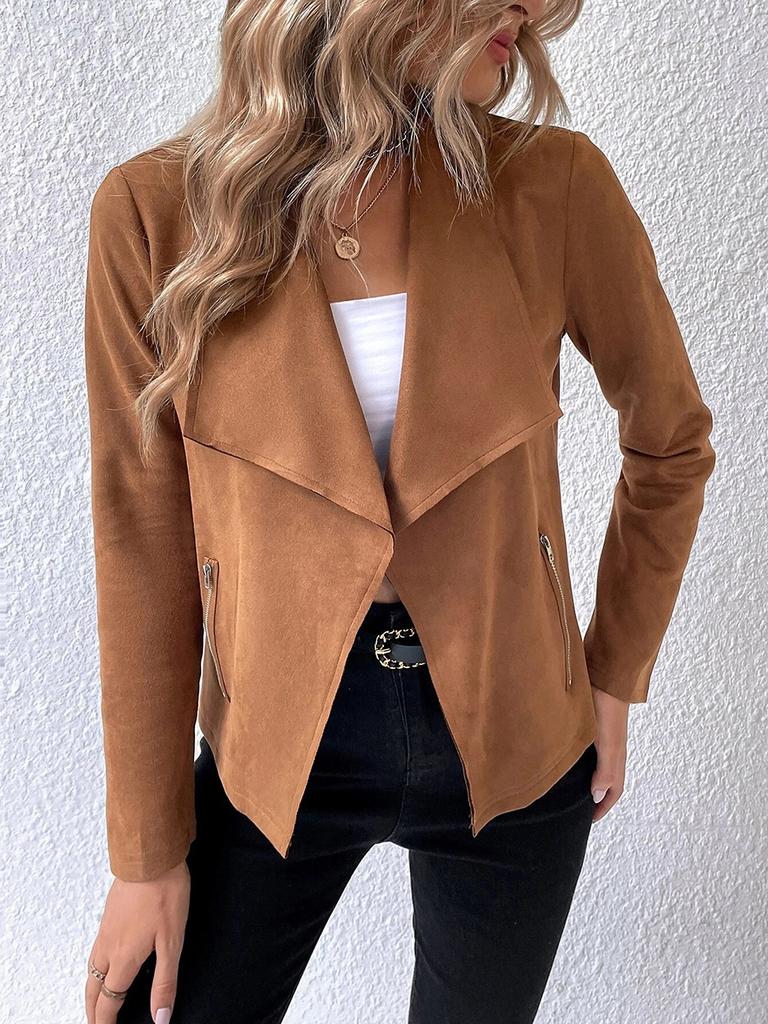Women's Faux Suede Asymmetrical Lapel Short Jacket with Zip Detail in Brown, Beige, Dark Green & Black