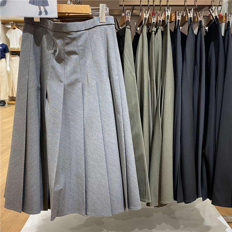 2025 Autumn/Winter Women's Casual Wide Pleated Mid-Length Skirt, Solid Color