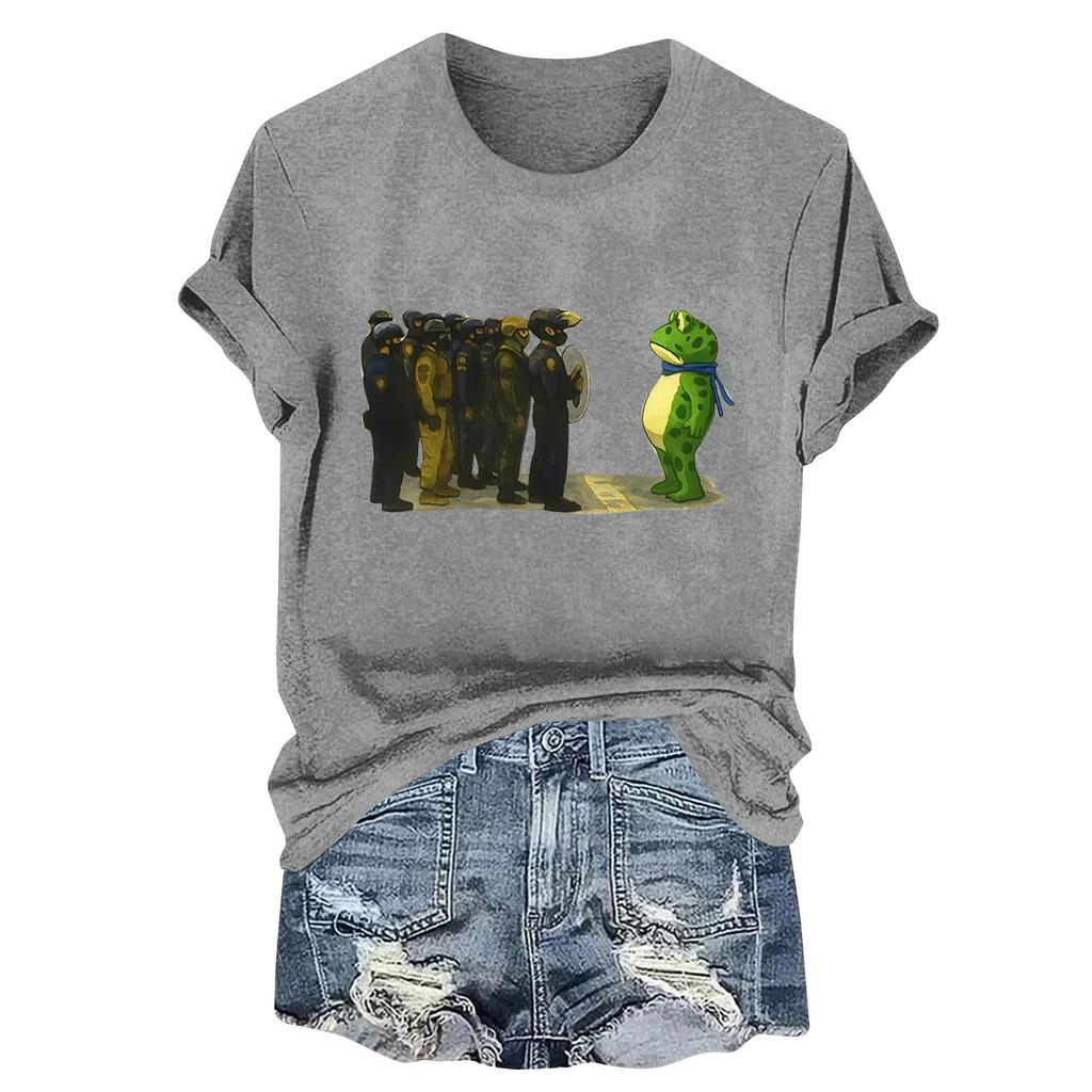 Women's Fashion Casual Printed Round Neck Short Sleeved Pullover T-Shirt Top