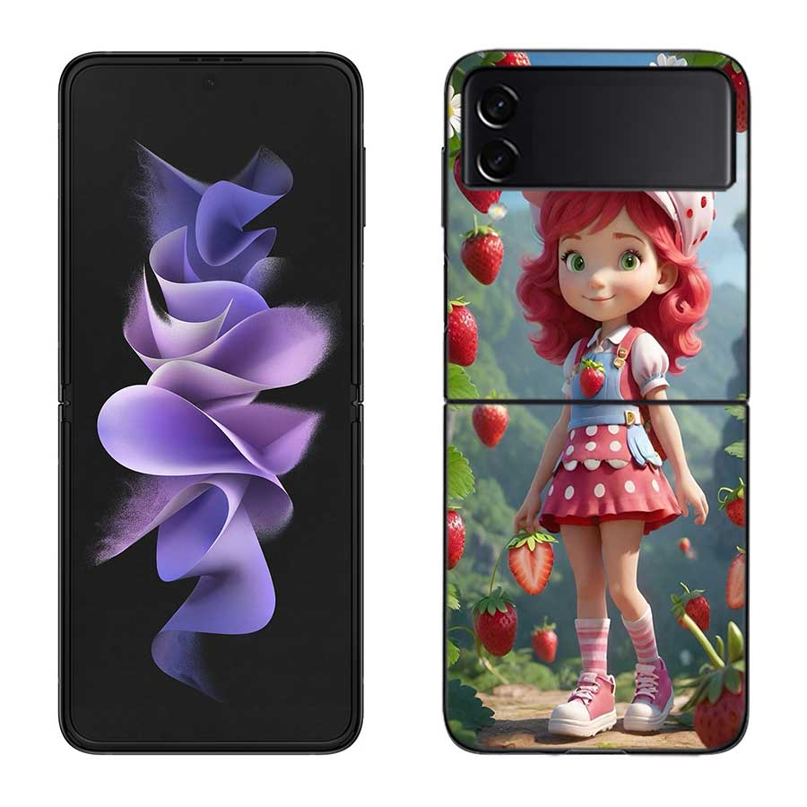 S-Strawberry Cute S-Shortcak Case for Samsung Galaxy Z Flip 6 5G Z Flip 5 4 3 5G Black Hard Cell Phone Cover Luxury PC Shell Coq