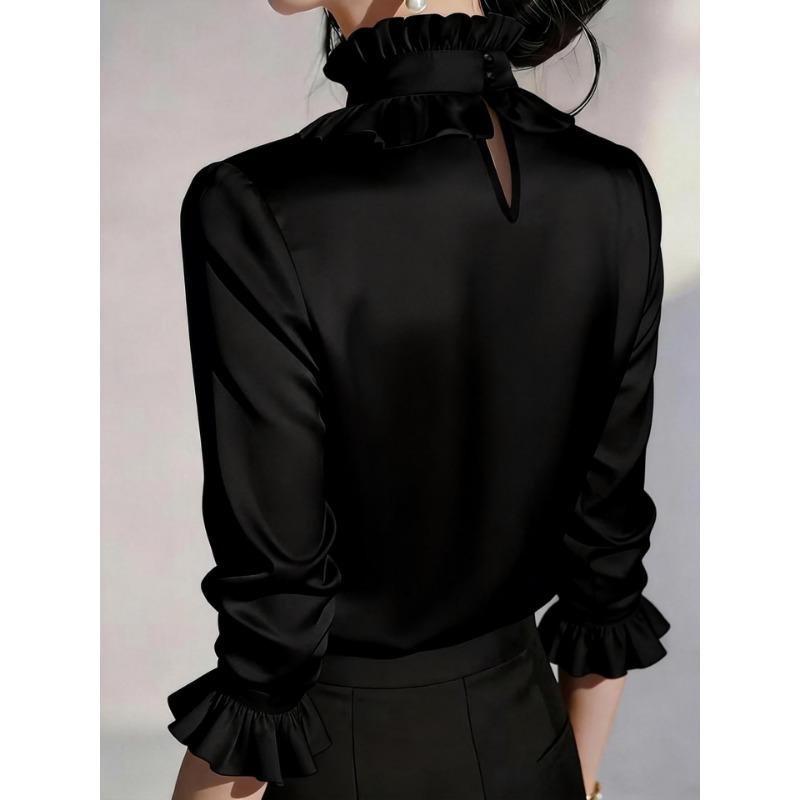 Women ruffled stand collar satin three quarter sleeve shirt multi color slim fit rhinestone pearl brooch office elegant blouse