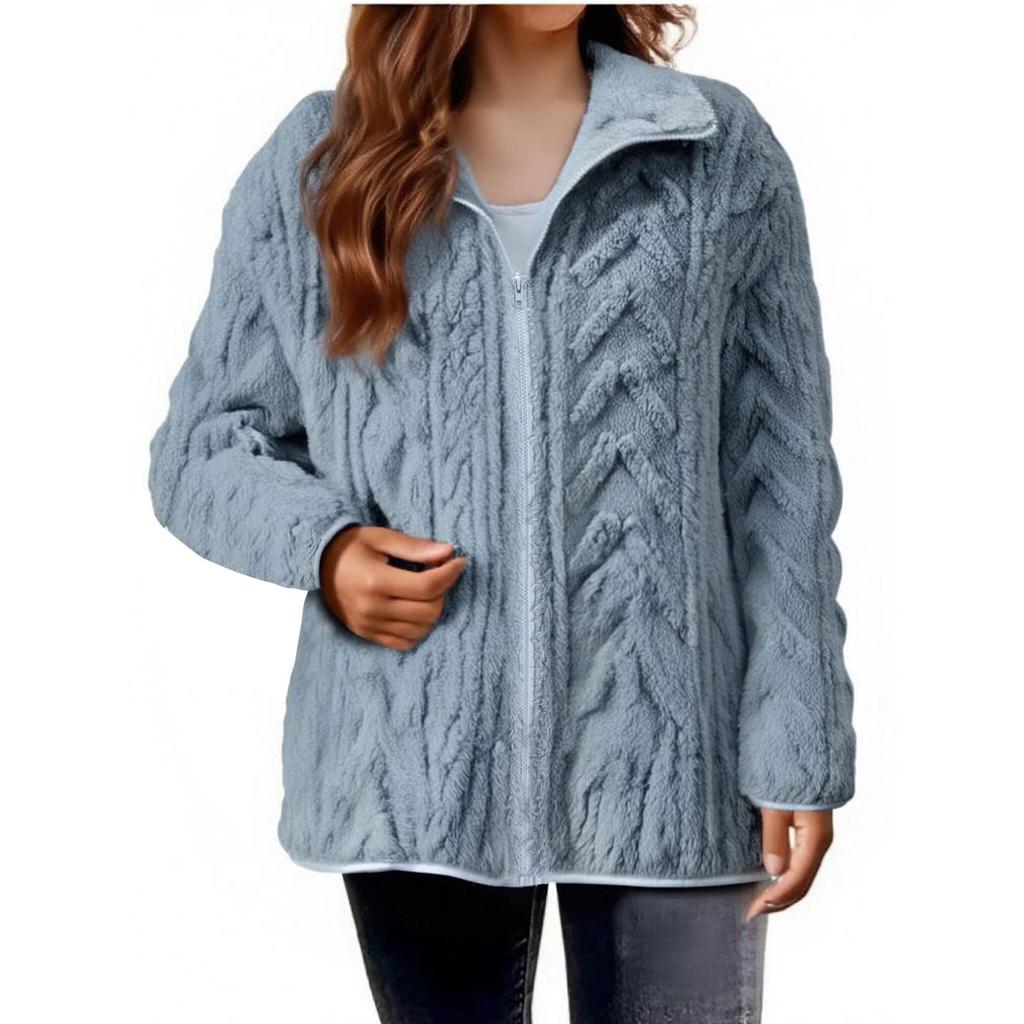 Women's Casual Zipper Knitted Stand Collar Sweater Long Sleeve Warm Coat