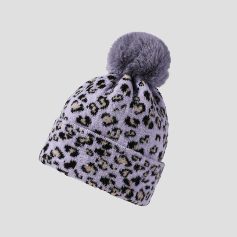 

Зимняя шерстяная вязаная шапка с леопардовым принтом, женская, для улицы, ветрозащитная, холодостойкая, теплая шапка с помпоном