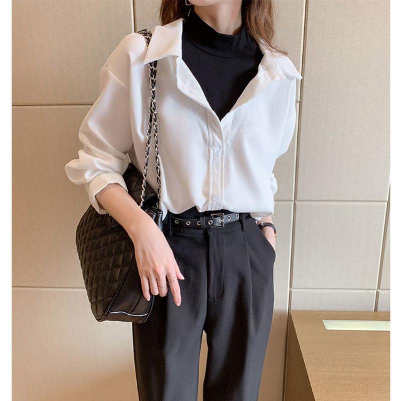 Fake Two Piece Turtleneck Loose Shirt Women's Fake Two-Piece-Style High Collar Loose Shirt