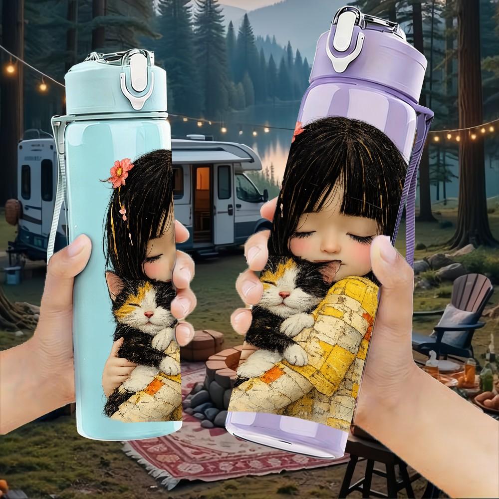 1PC Little Dark Hair Girl Hug Doll Print 750ml Color Plastic Sports Water Bottle Leakproof Flip Straw Lid Suitable for Sports Office Home Use