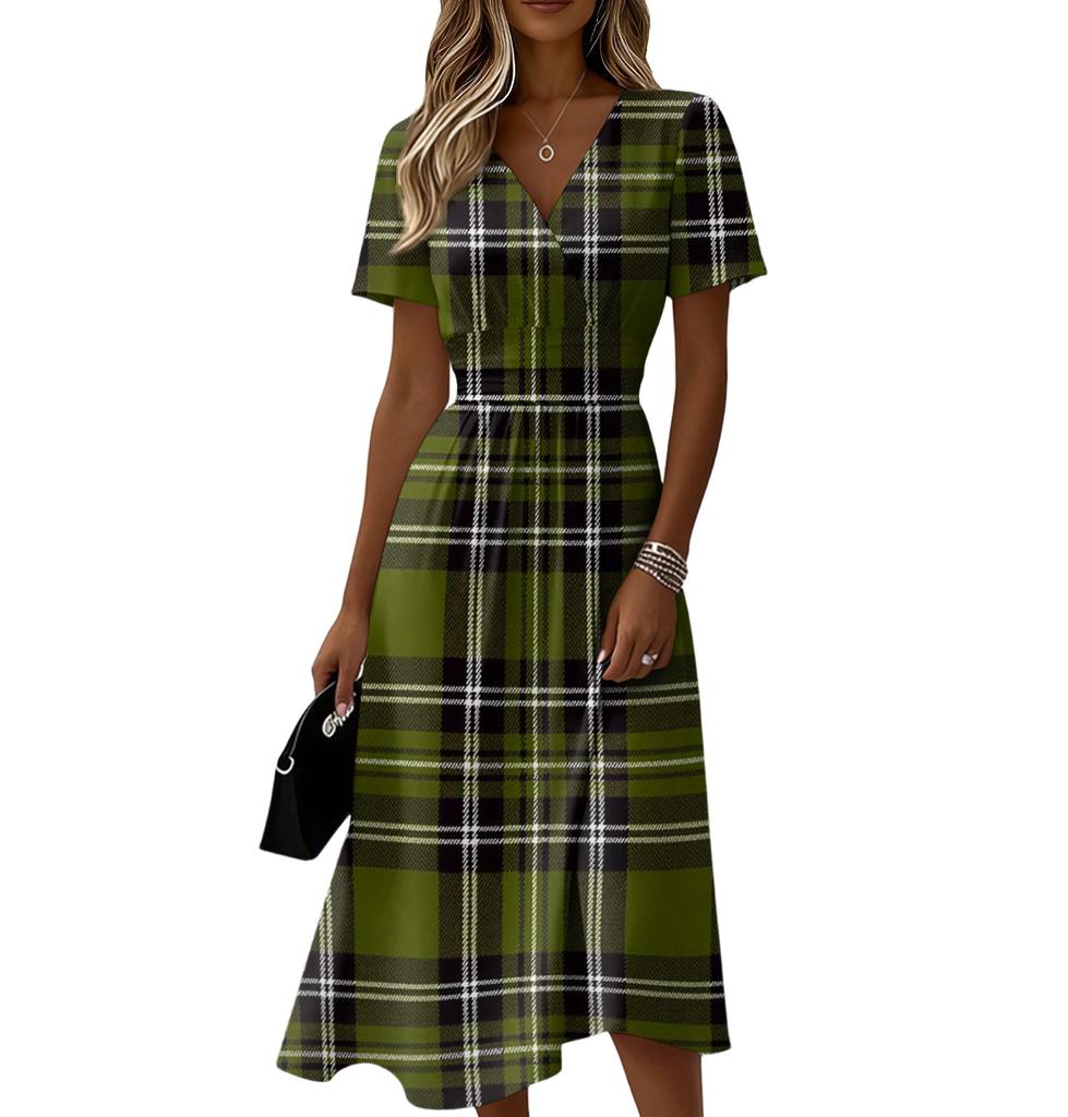 Ladies' Plaid Casual Fashionable Short Sleeved V-neck Dress