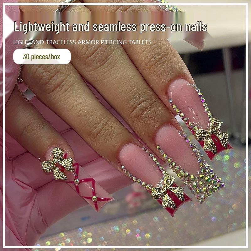 

French Manicure Plaid and Gold Bowknot False Nails - Popular in Europe and America. Glue Type
