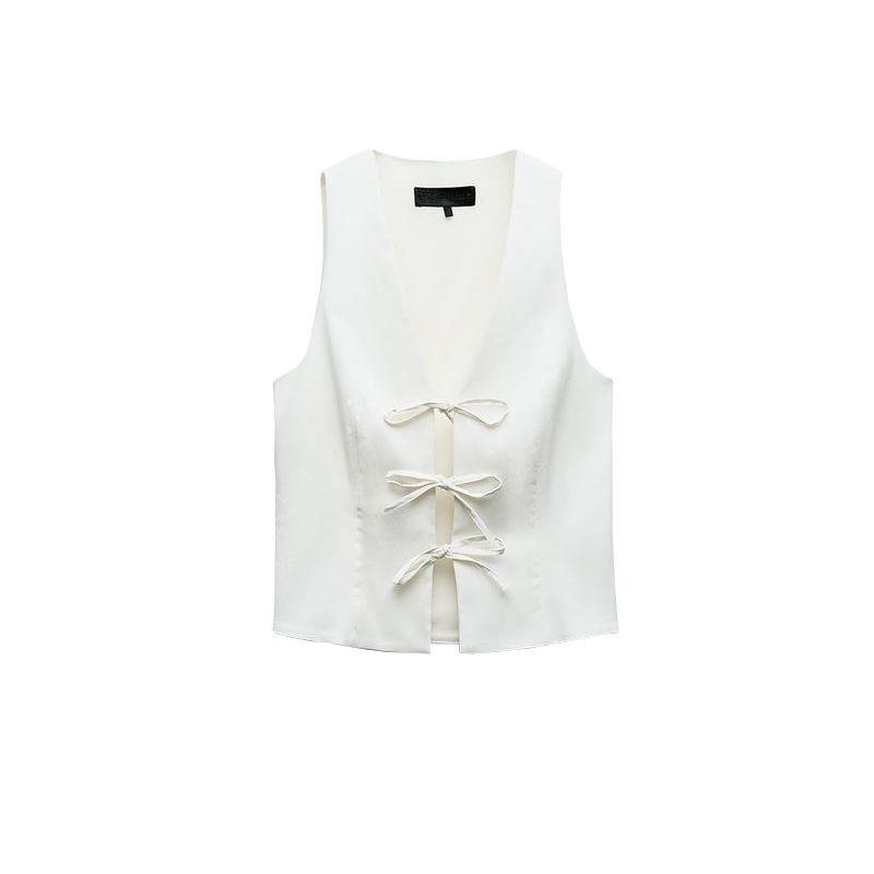 Spring New Fashion Sexy Style V Neck Sleeveless Silm Short Bowknot Decoration Stretch Tops 3067041