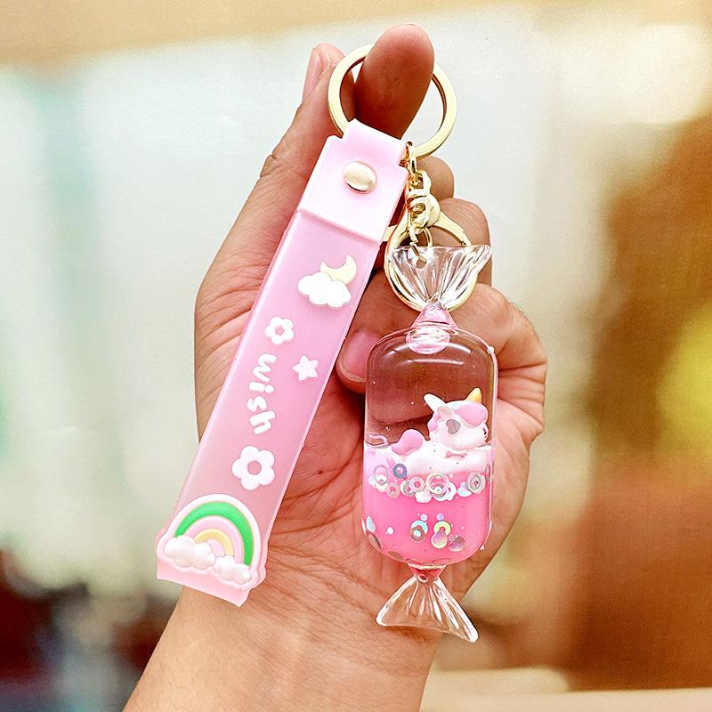 Cartoon Oil Unicorn Floating Bottle Acrylic Keychain Girl Cute Pony Quicksand Ball Pendant Bag Pendant