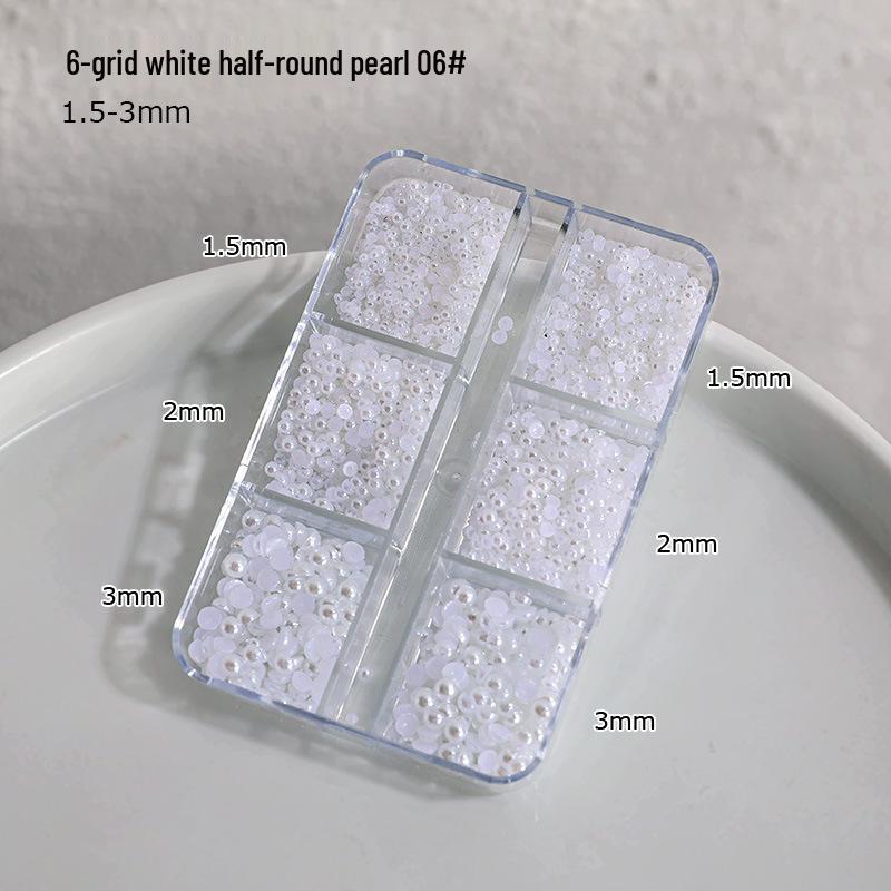 12-Grid Nail Art Pearls: Off-White Mixed Sizes, No Holes, Semi-Circular Boxed Decorations