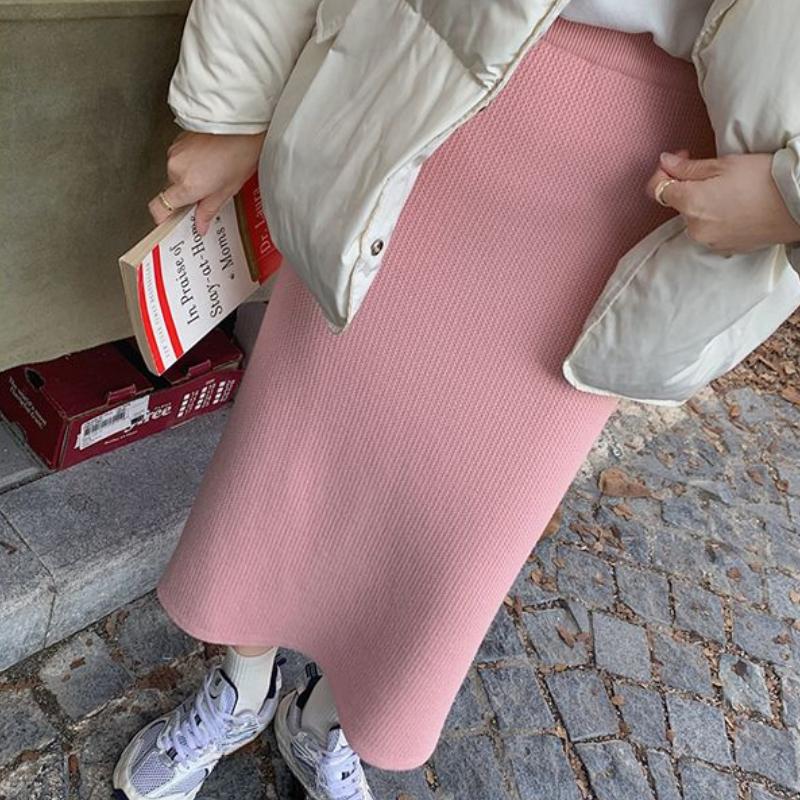 Women's Fleece-Lined Thickened Mink Fur Knitted Half Skirt Solid Color Versatile Minimalist High Waist Bodycon Pencil Straight Skirt with Split