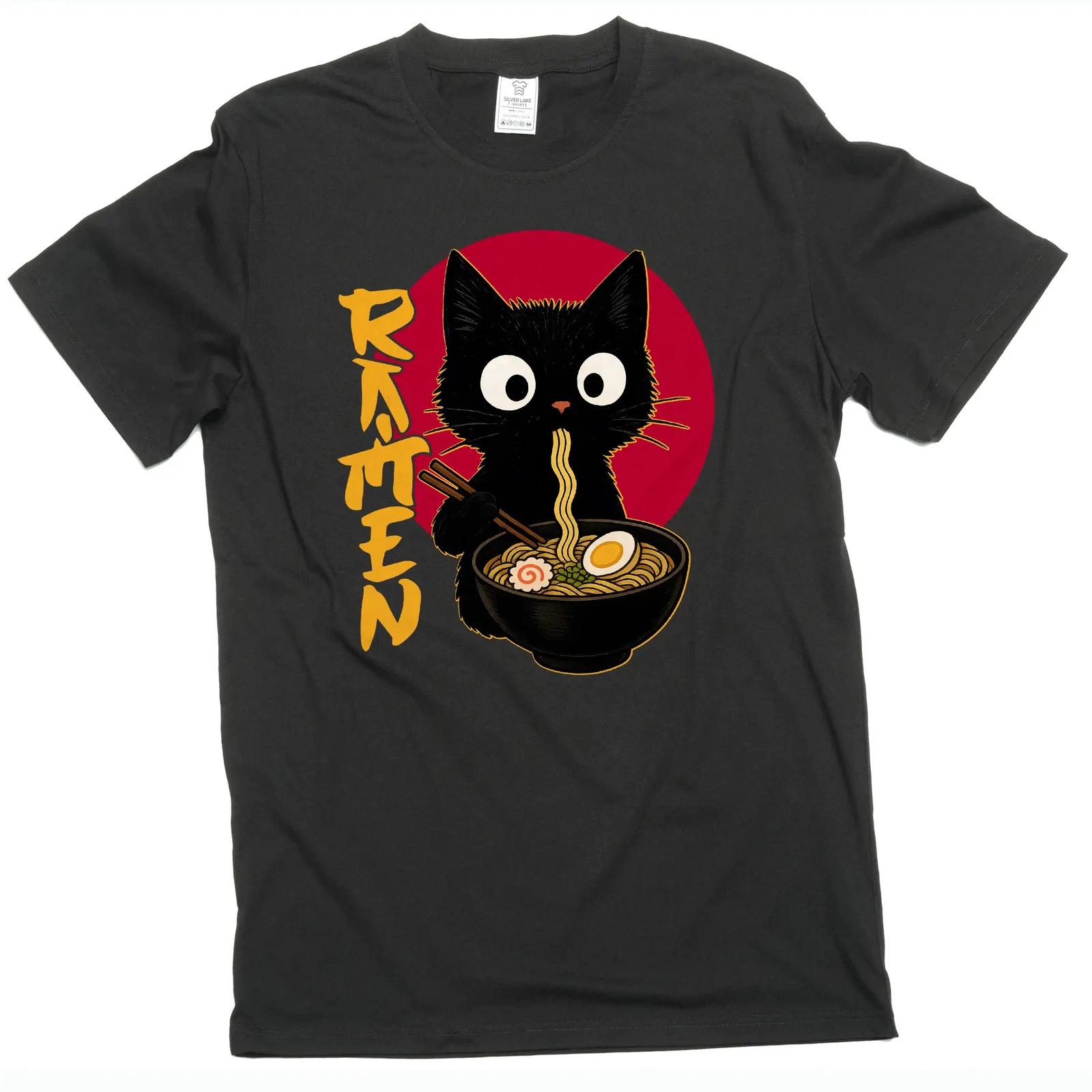 Men s Funny Ramen cat T-shirt cat eating ramen funny cat pet food Tee 4XL