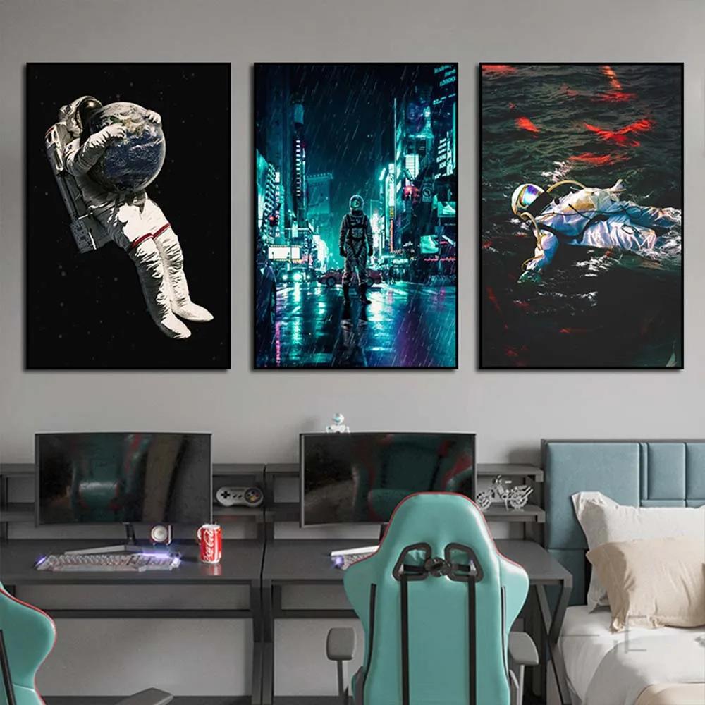 Astronaut Galaxies Wall Art Poster Moon Earth Cyberpunk Sci Fi Mural Modern Home Decor Canvas Picture Print Living Room Decorate